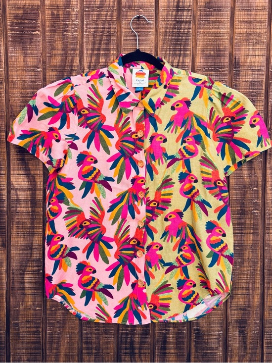 FARM Rio Tops - FARM Rio From Anthropologie Two Tone Parrot Button Up Linen Blend Shirt